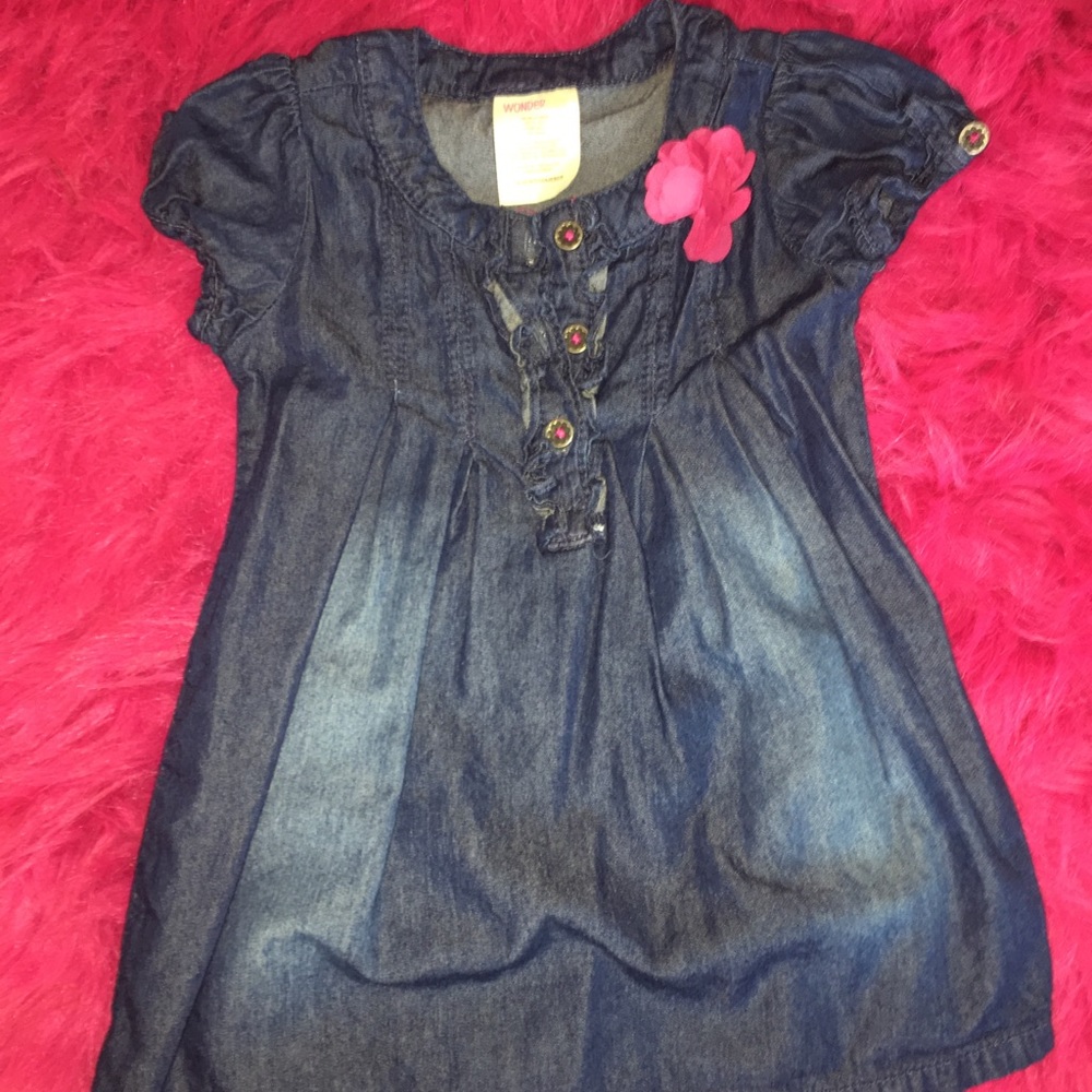 Denim dress with pink flower